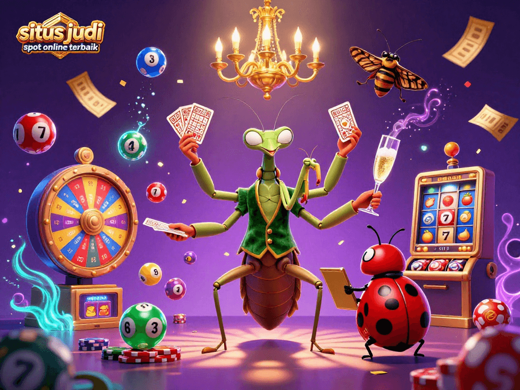 Permainan di situs judi slot online terbaik dengan karakter unik seperti belalang dan kepik, menarik jackpot berwarna-warni.