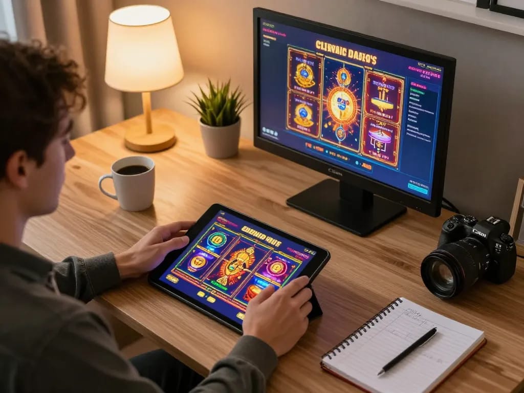 Engaging online gaming at Trang chủ 79king with vibrant slots displayed on tablet in cozy home setting.