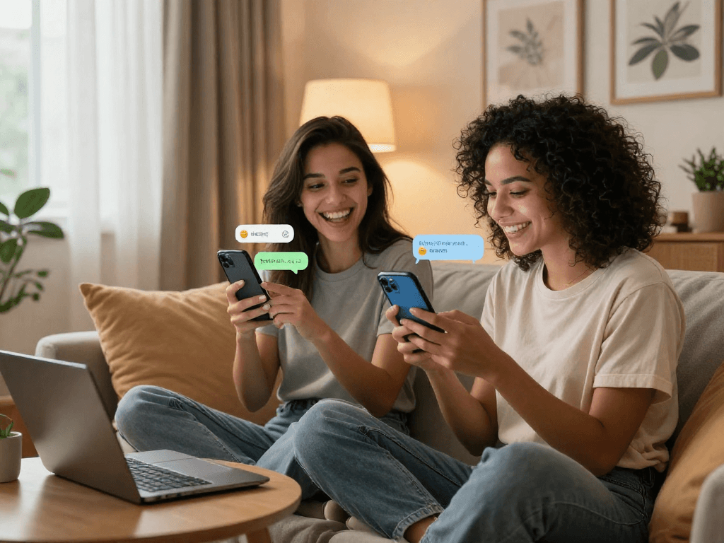 Couple using sexting AI for playful conversation in a cozy modern living room.
