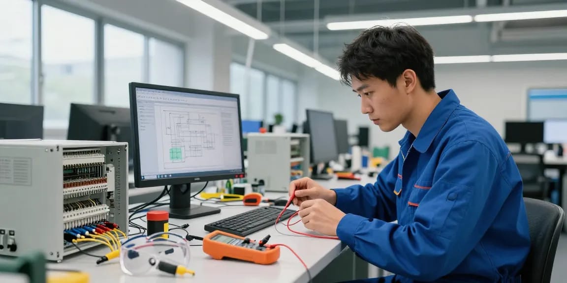 Technician inspecting IEC connectors in a modern electrical engineering workspace, showcasing quality and precision.