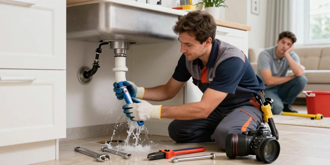 Northampton emergency plumber repairing a burst pipe in a residential kitchen, showcasing urgency and professionalism.