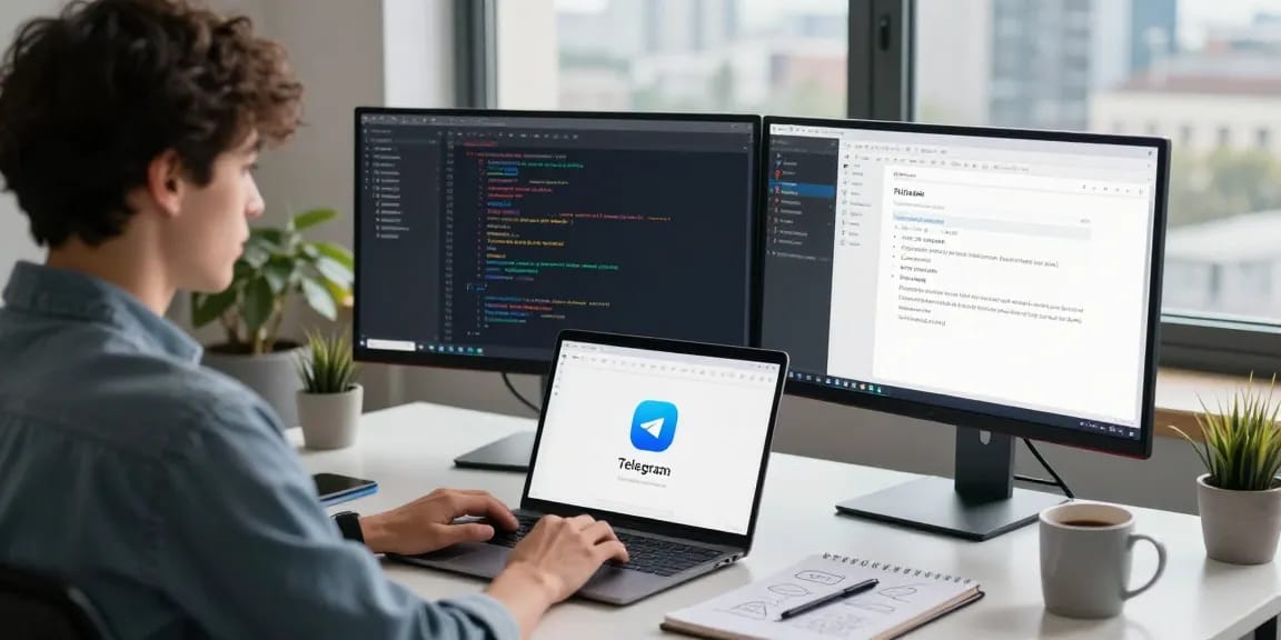 Integrating telegram中文 into the Telegram app interface at a modern developer workspace.