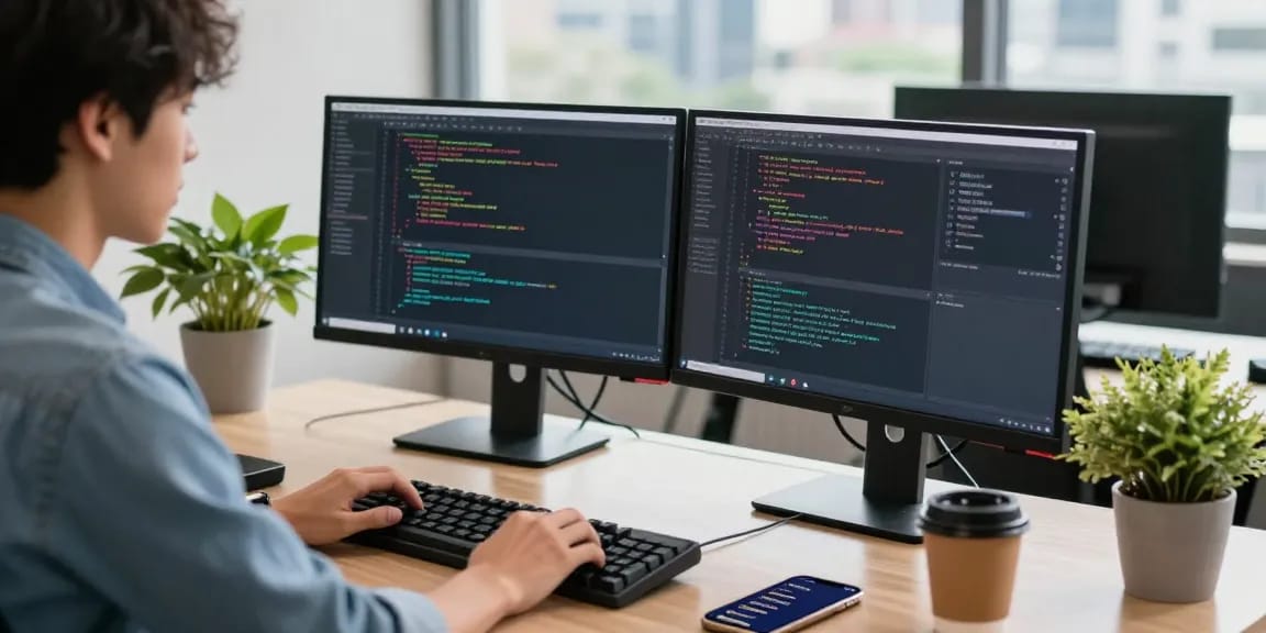 Focused workspace with a developer coding on dual monitors, emphasizing 纸飞机中文版.