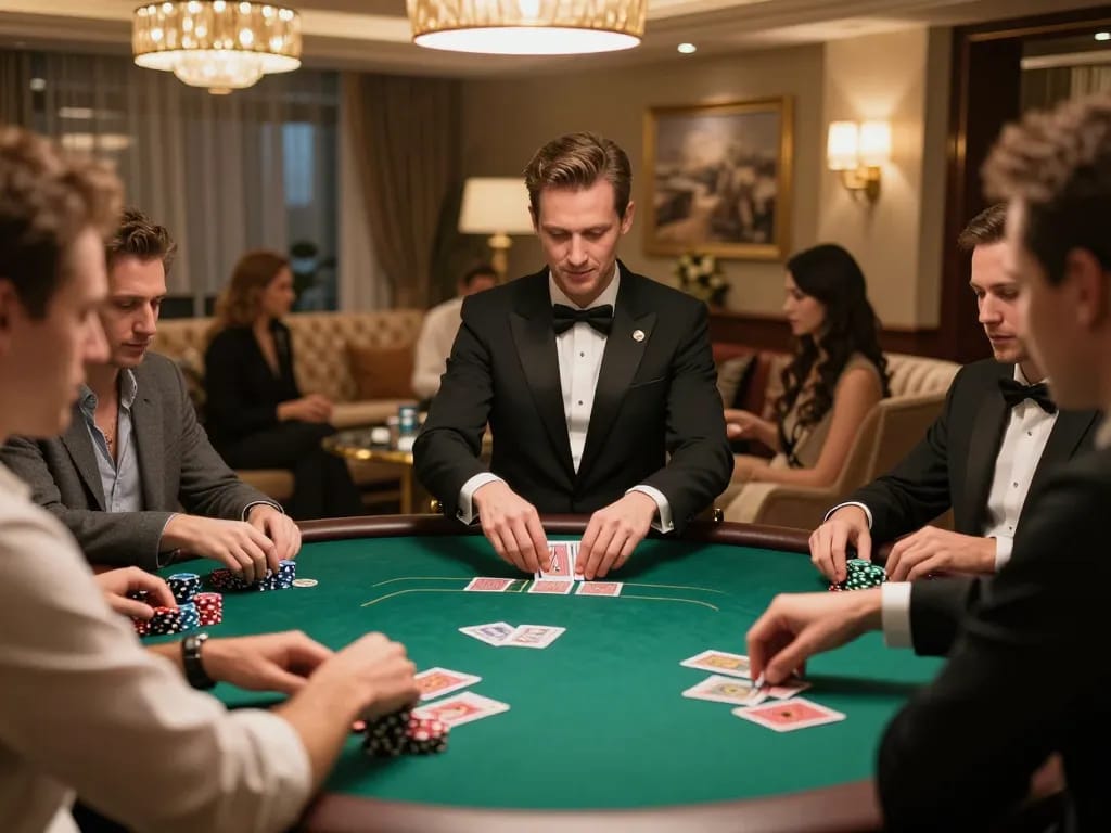 Engaged players participating in an intense poker game at kp88's exclusive private room, showcasing strategic decision-making.