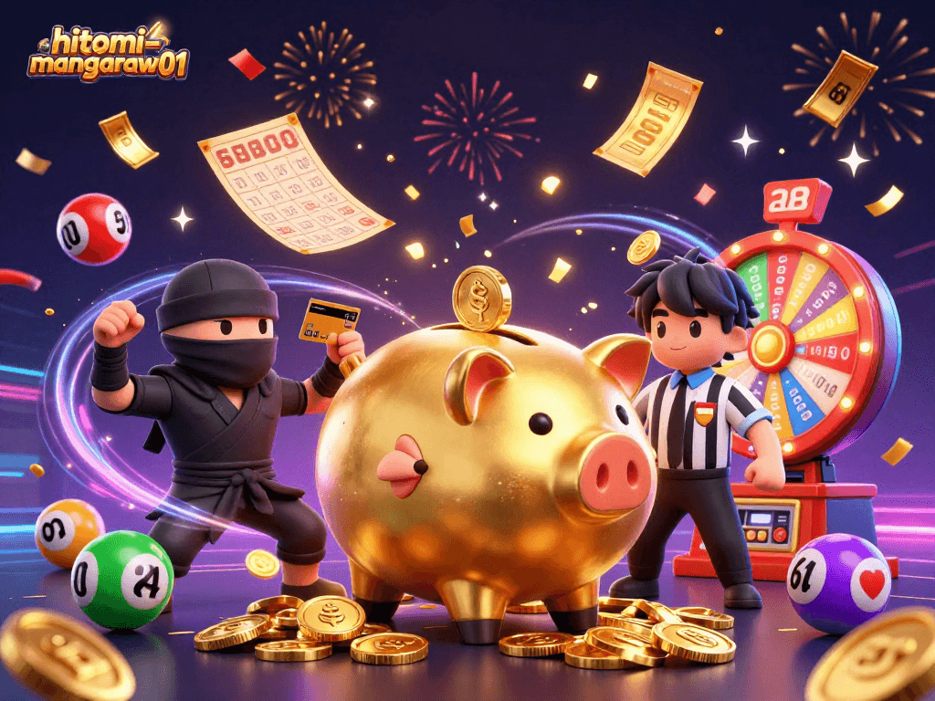 Hitomi-mangaraw01 features a dynamic casino illustration with a golden piggy bank and vibrant lottery elements.