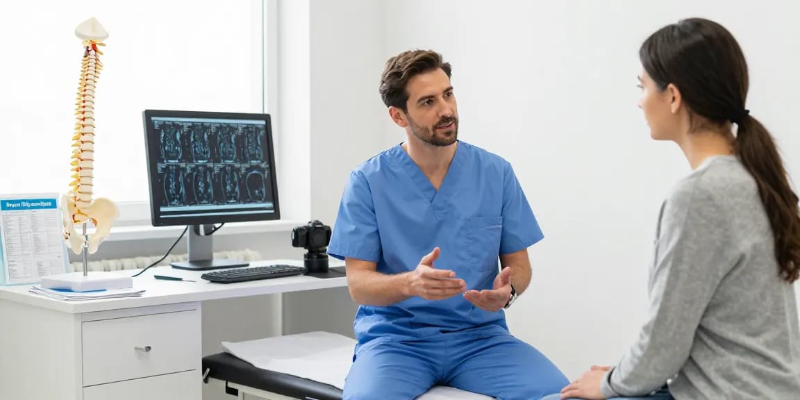 Boyun fıtığı ameliyatı consultation in a modern medical office, showcasing a doctor and patient discussing treatment.