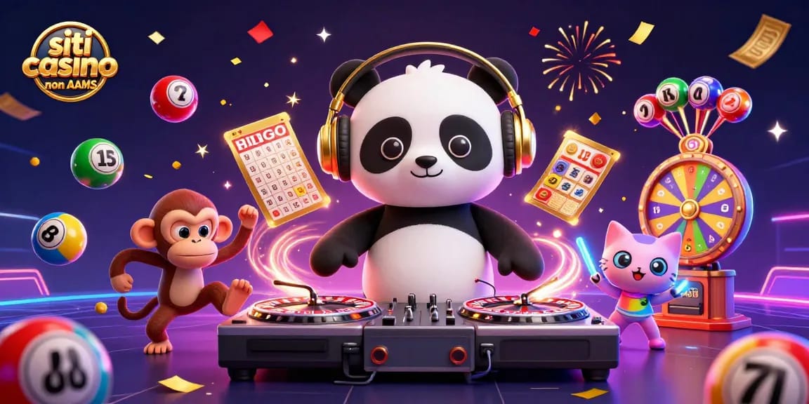 Unisciti al divertimento sui siti casino non AAMS con un'illustrazione festosa di un panda DJ, una scimmia ballerina e un gattino da festa.