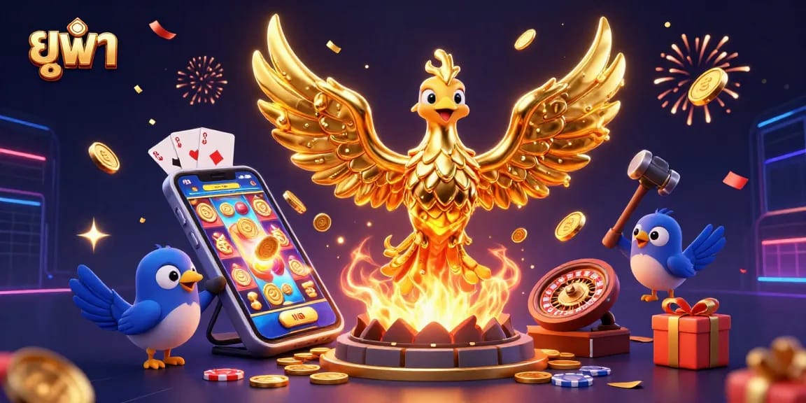 Experience thrilling gaming excitement with ยูฟ่า, featuring a golden phoenix and dynamic casino elements.