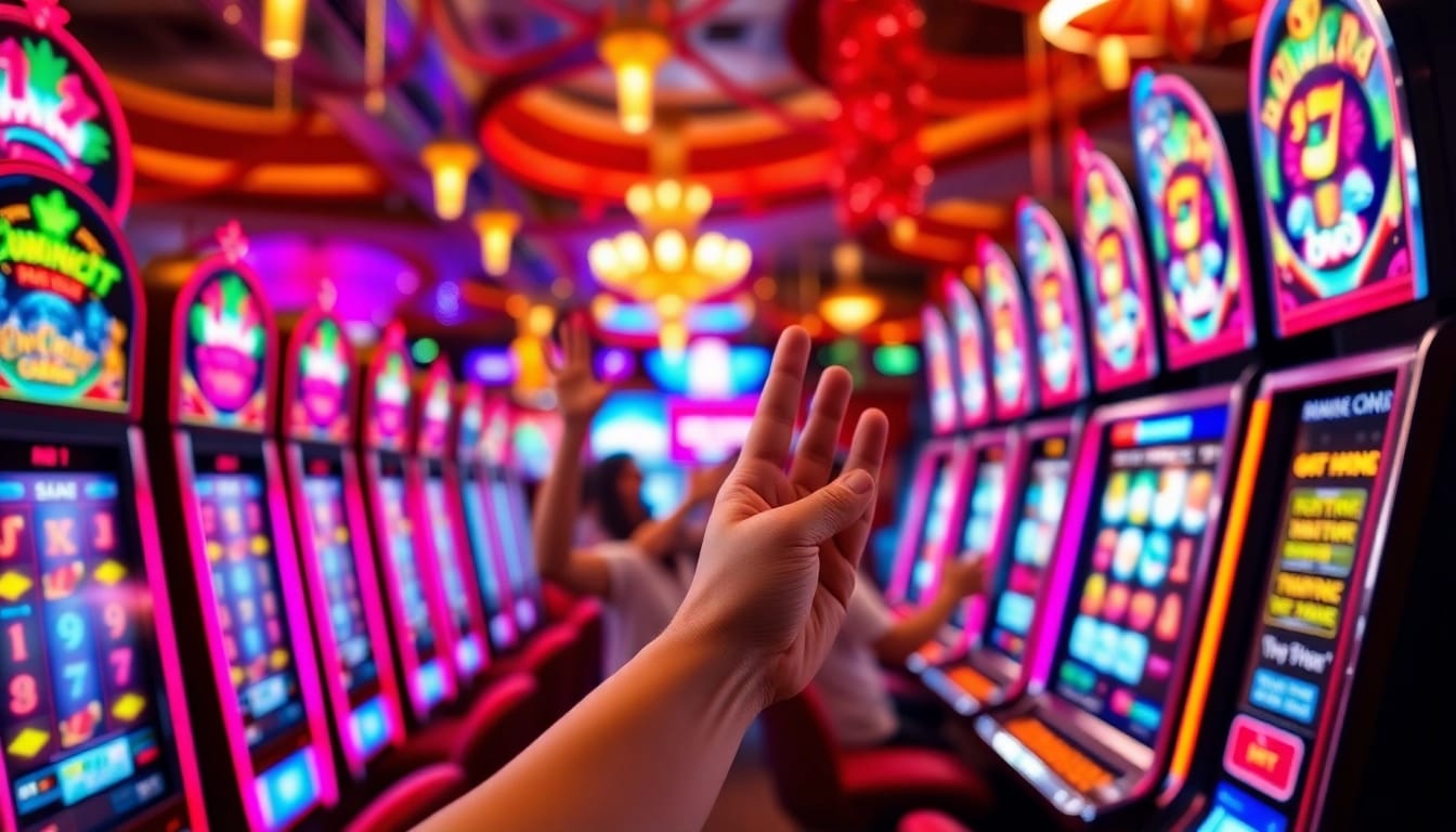 Players celebrating big wins with situs slot gacor hari ini slot machines in a colorful casino atmosphere.
