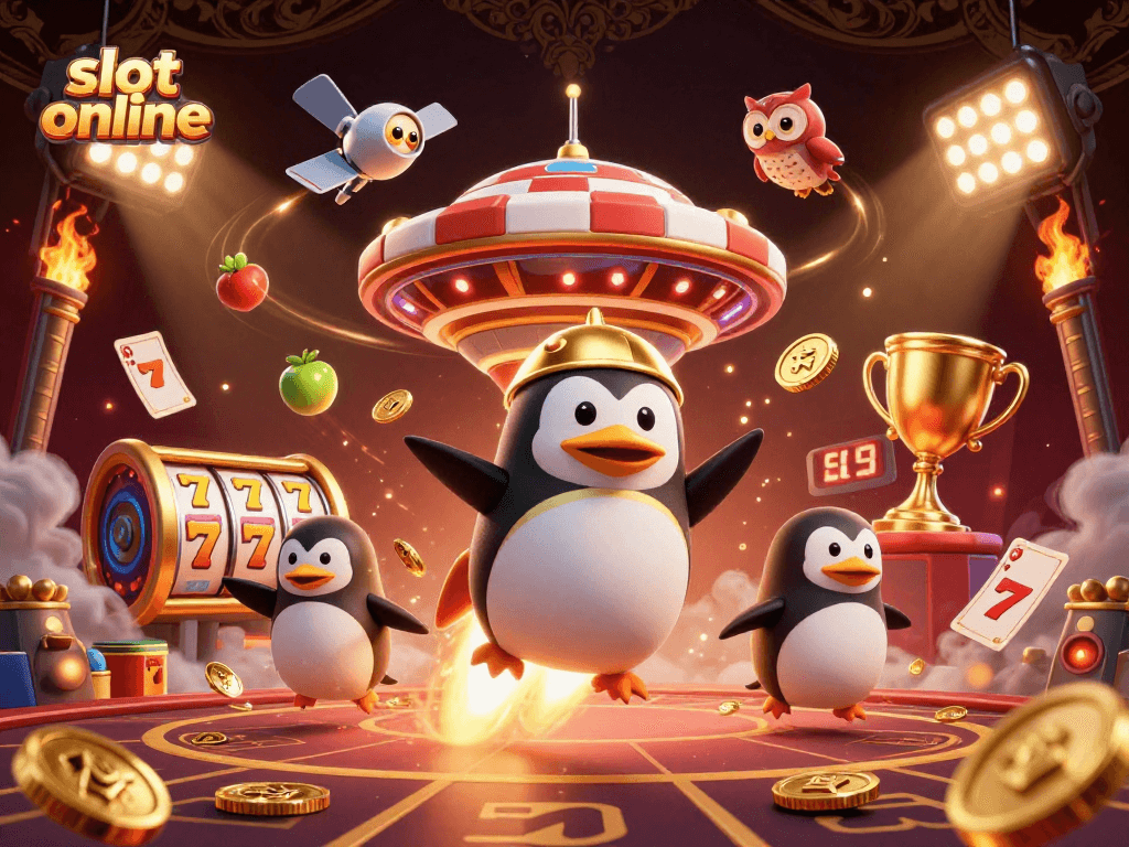 Spin the reels in slot online excitement, as a golden penguin blasts through space toward a casino!