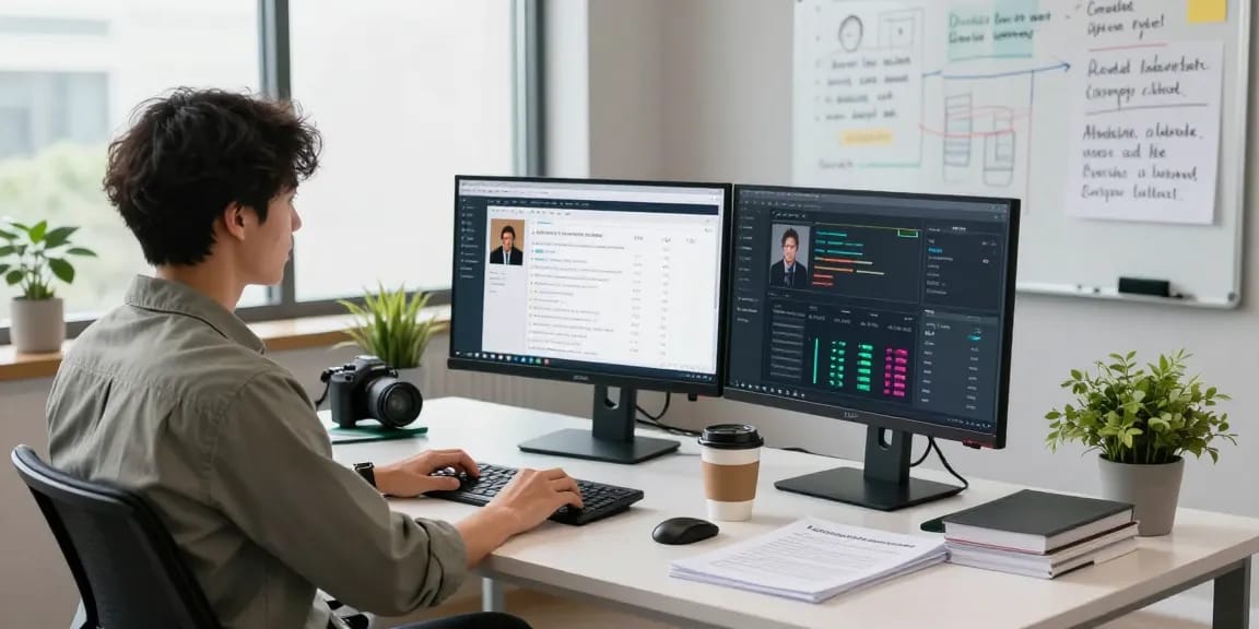Detect AI image in a professional workspace overseeing content moderation and analysis, showcasing analytics dashboards.