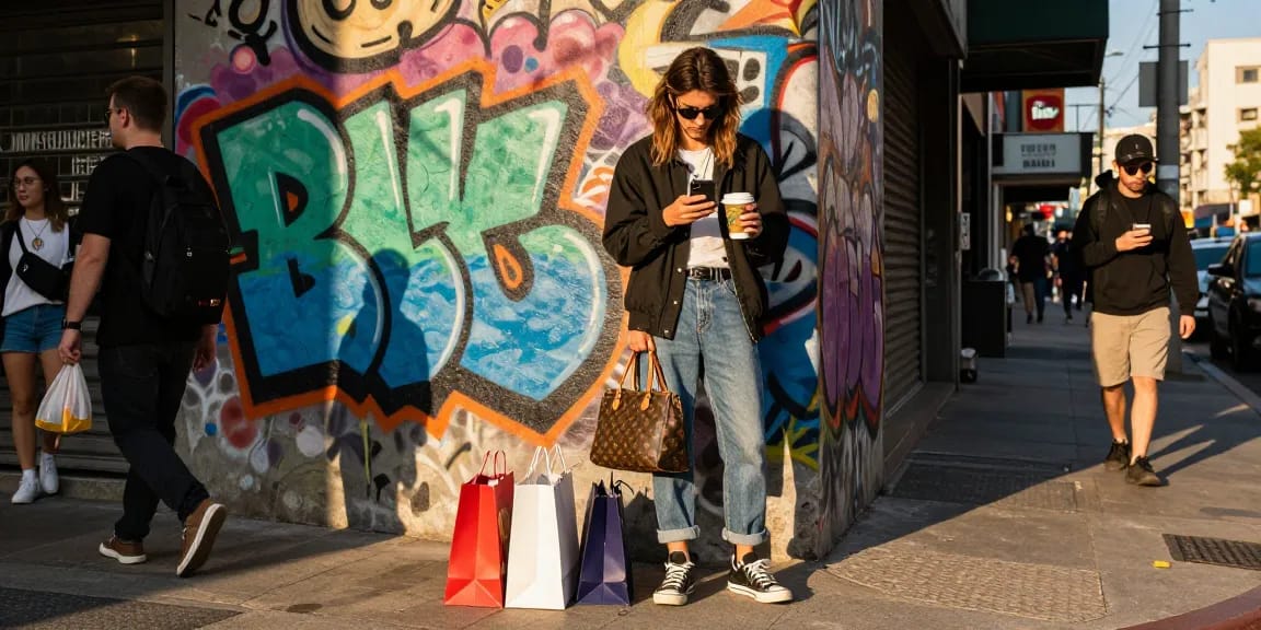 Trendy model in stylish replica clothing from a 레플리카 쇼핑몰 on urban street corner.