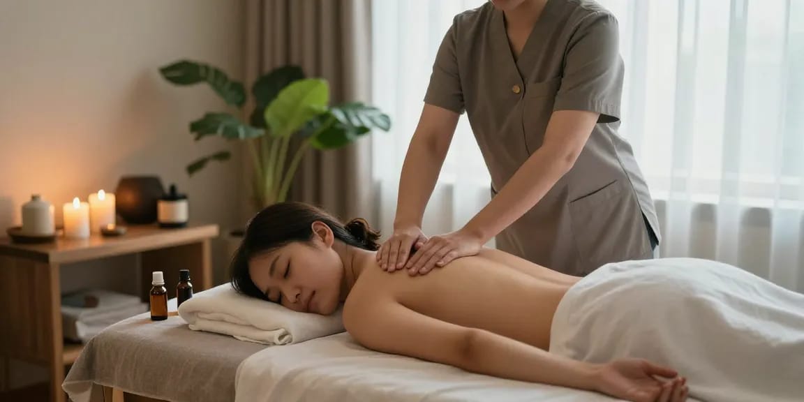 길동출장안마을 위한 편안한 마사지 테라피 장면, 아로마 오일과 촛불이 있는 아늑한 환경에서 전문 마사지사가 클라이언트에게 마사지를 제공하는 모습.