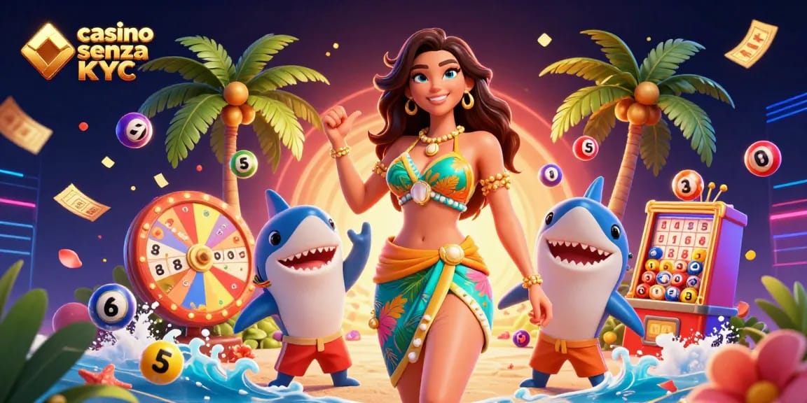 Scopri l'emozione dei casino senza KYC con giochi vivaci e personaggi animati in questa illustrazione.