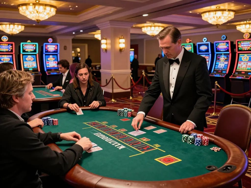 Sunwin players strategizing at blackjack tables under luxurious casino lighting.