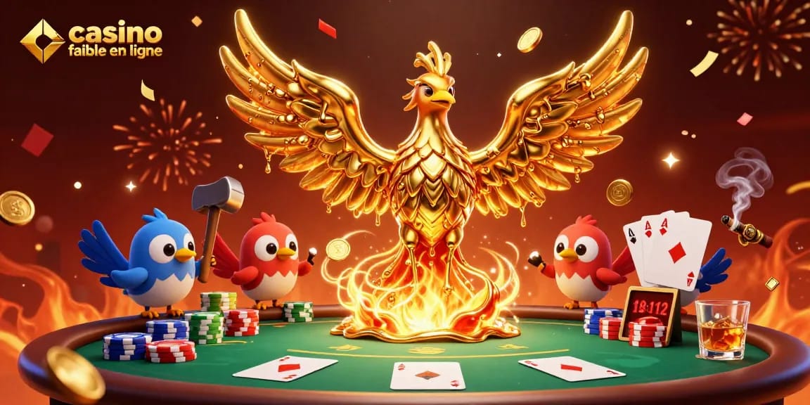 Illustration festive d'un phoenix doré représentant un casino fiable en ligne, avec des éléments de poker.