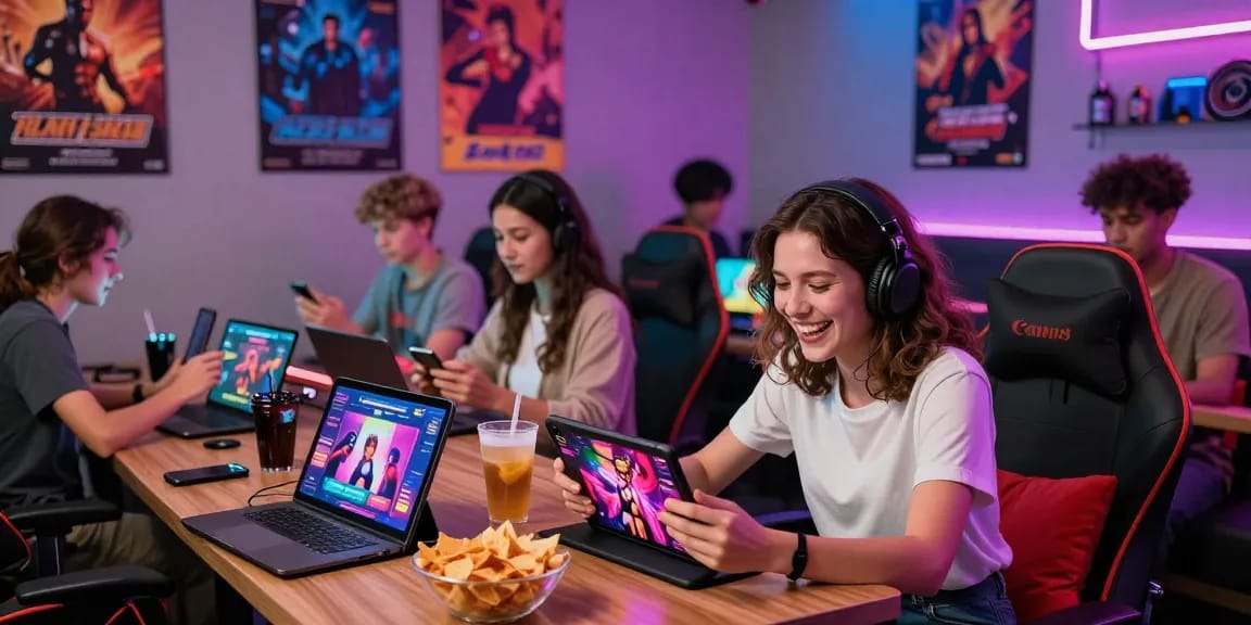 Group of young adults enjoying a sex game in a lively gaming lounge.