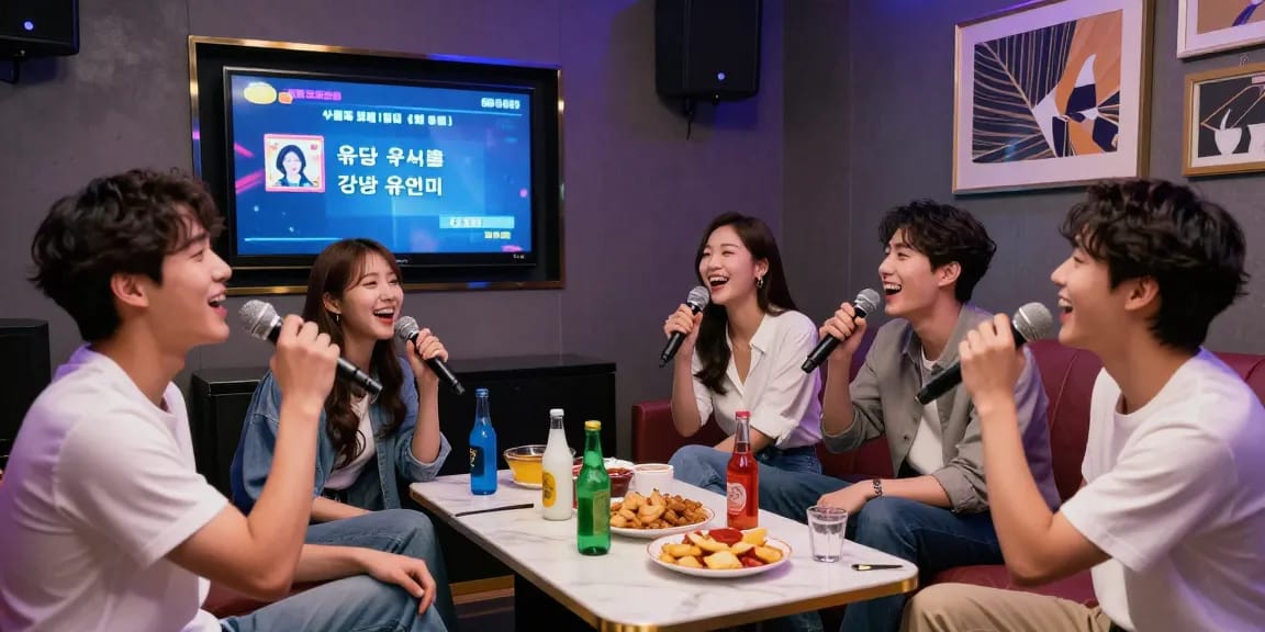 강남 유앤미에서 친구들과 함께 즐거운 시간을 보내는 분위기 좋은 노래방 장면