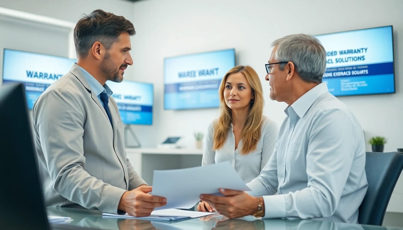 Consultan discussing extended warranty solutions with a client in a professional office.