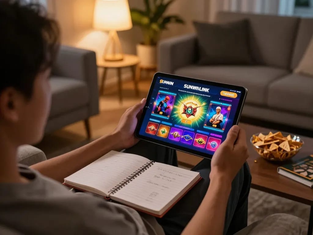 Playing with the SUNWIN LINK on a tablet in a cozy home environment, emphasizing gaming strategy and comfort