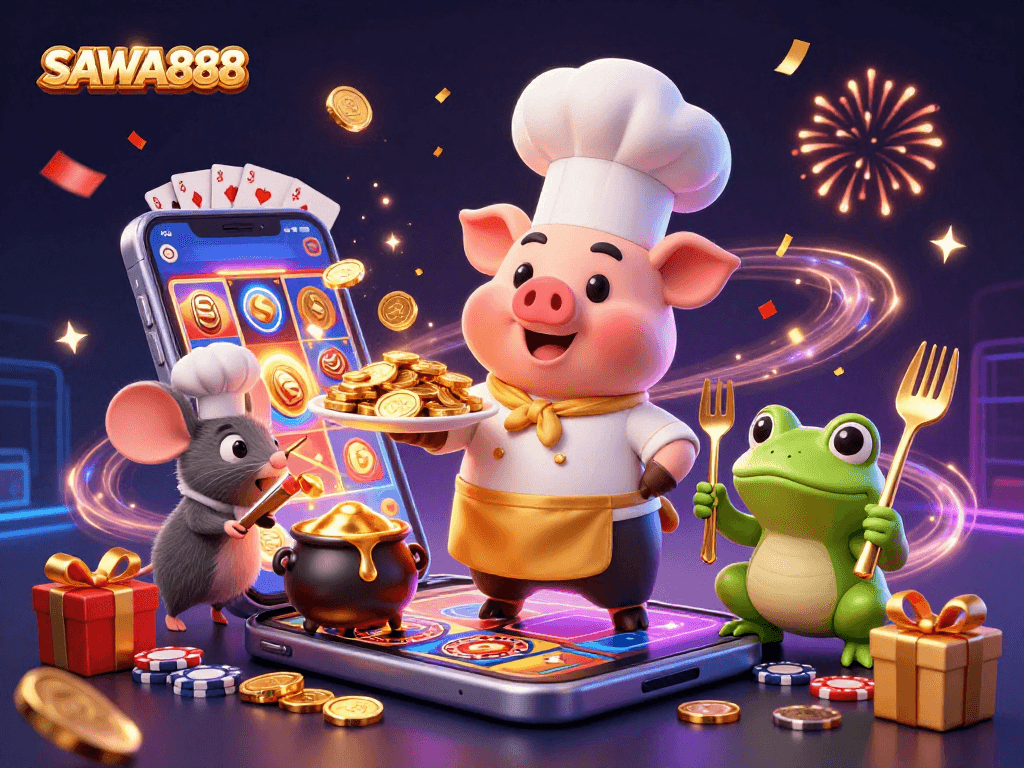 Experience the thrill of SAWA888 with a vibrant 3D illustration showcasing its dynamic casino games and winning potential.