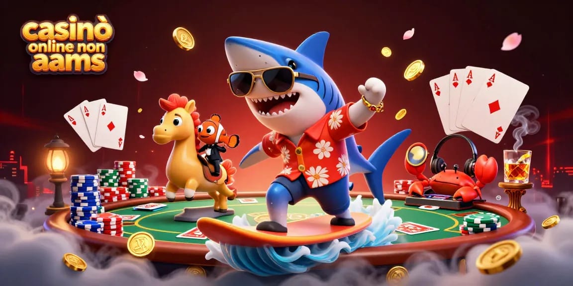 Goditi l'emozione del gioco nei casinò online non aams con una scena 3D vibrante che presenta personaggi giocosi ed elementi di poker.