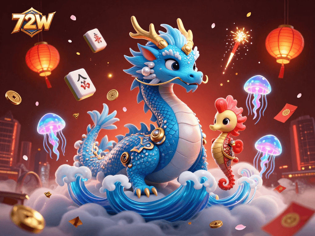 Atraia a sorte com 72W, uma ilustração vibrante de dragão e cavaleiro com elementos de jogo, em um cenário dinâmico.