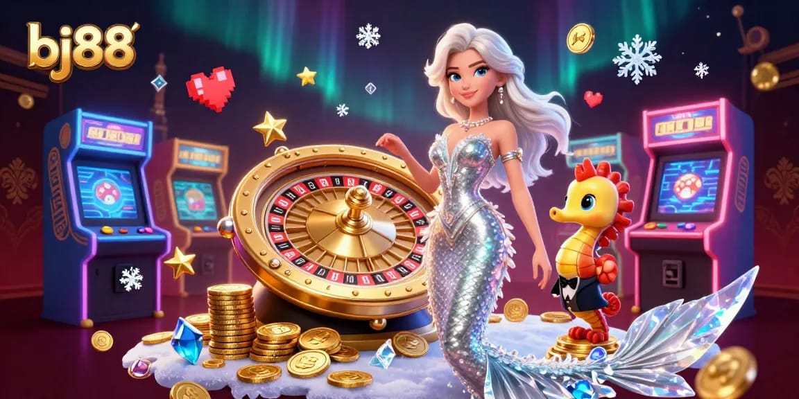Experience thrilling entertainment at bj88 with a stunning woman beside a golden roulette wheel and colorful gaming elements.