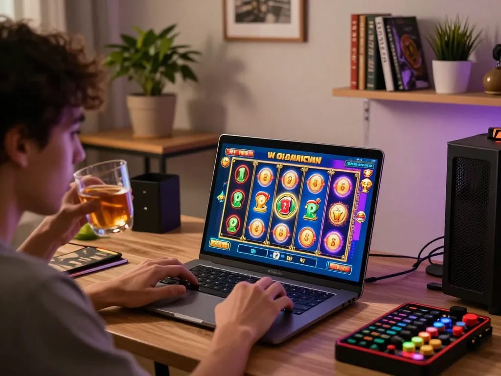 Situs slot gaming experience at home, showcasing a player enjoying colorful online slots with strategic notes nearby.