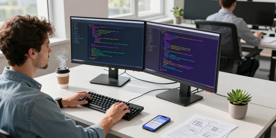 Developer coding on dual monitors in an innovative workspace, showcasing features of 纸飞机中文版 app.