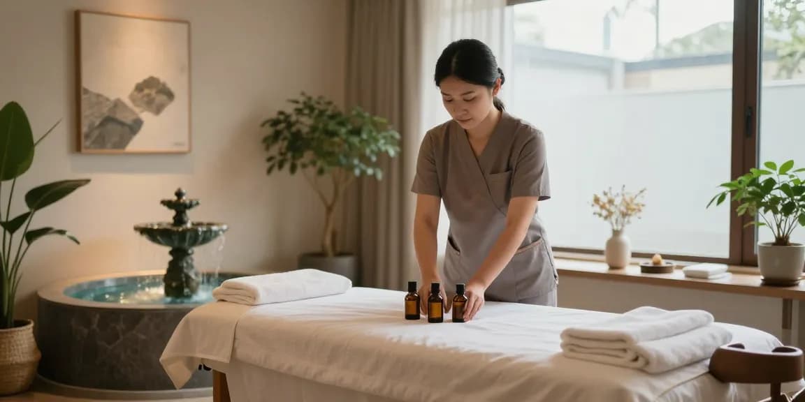 Massage therapist preparing a tranquil treatment room for 스웨디시 마사지 with warm lighting and relaxing decor.