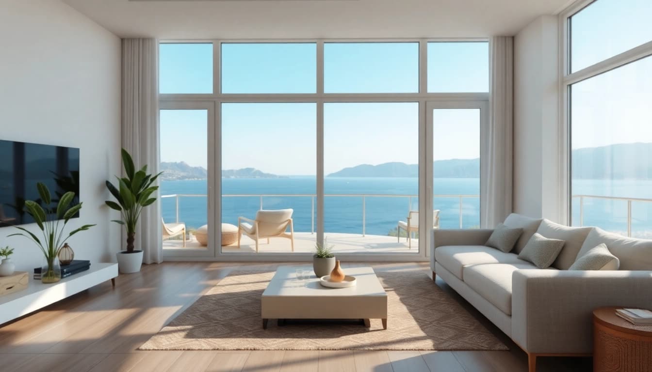 View an inviting living area with stunning sea views in an apartment for sale in Alanya.