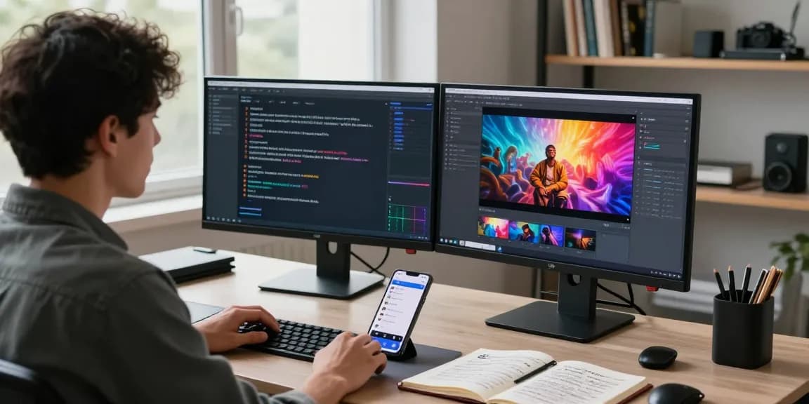 Content creator generating prompt ai from video content in a vibrant workspace.