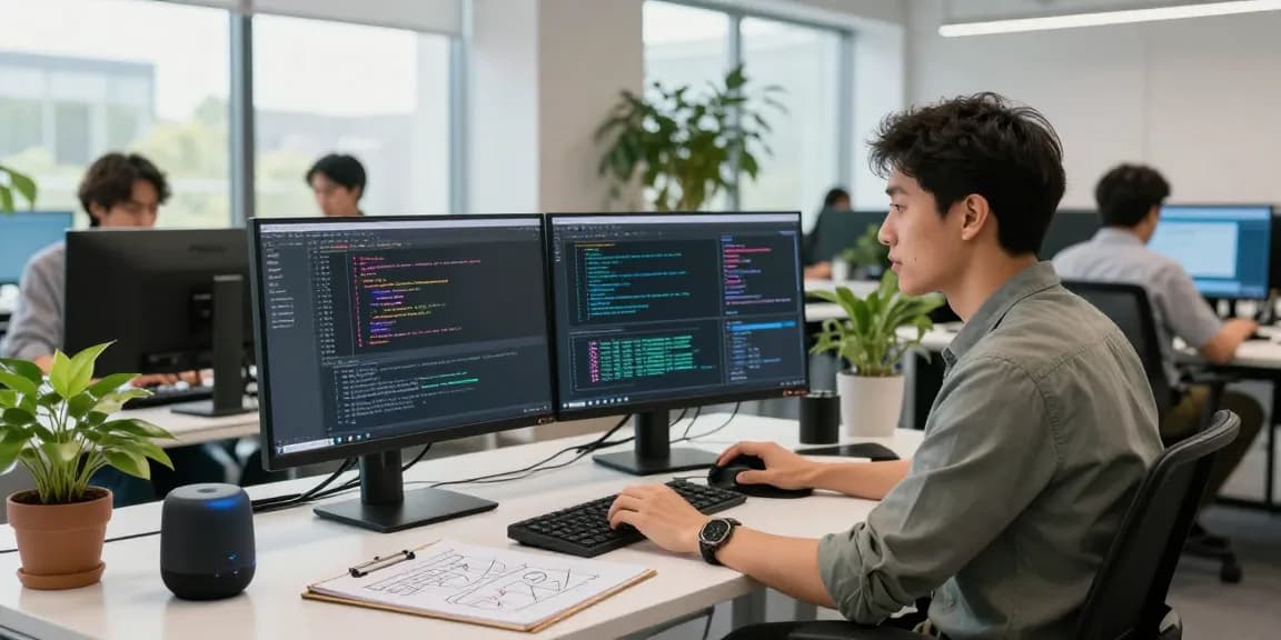 Dynamic workspace showcasing a developer engaged with openclaw ai on dual monitors, surrounded by tech tools.