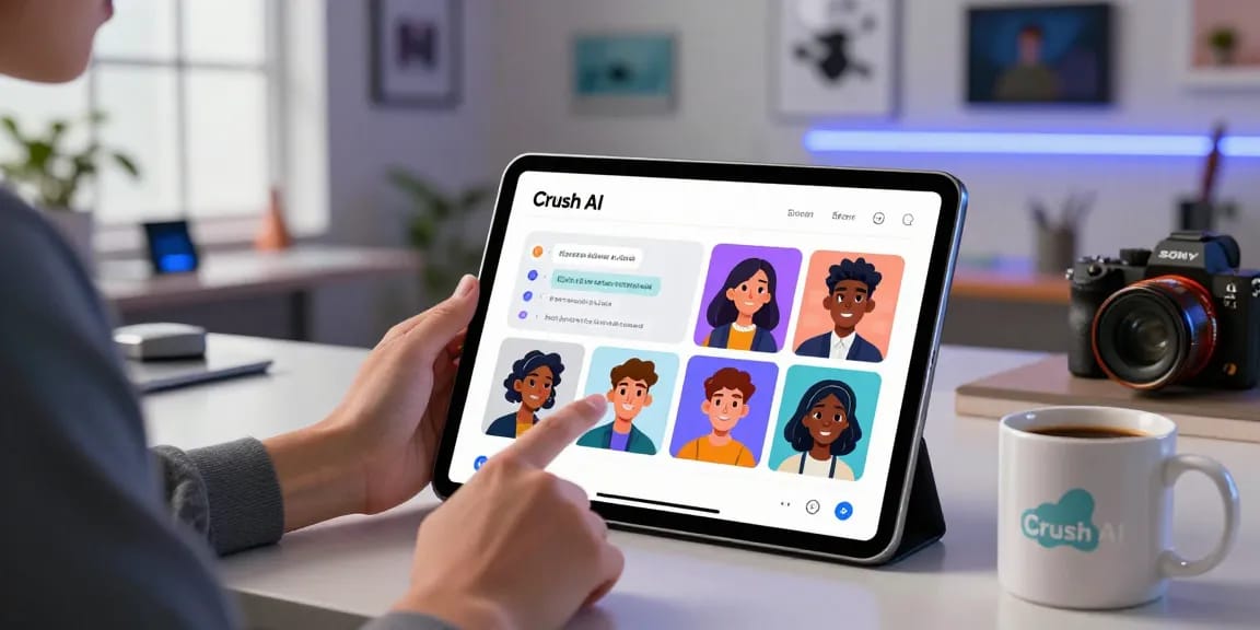 Engaging with Crush AI on a tablet in a modern digital workspace, showcasing vibrant character interactions.