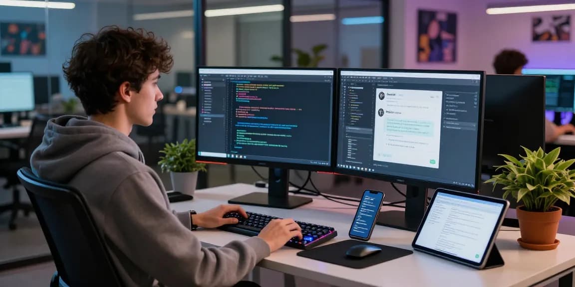 Developer coding with kobold ai on dual monitors in a modern workspace.