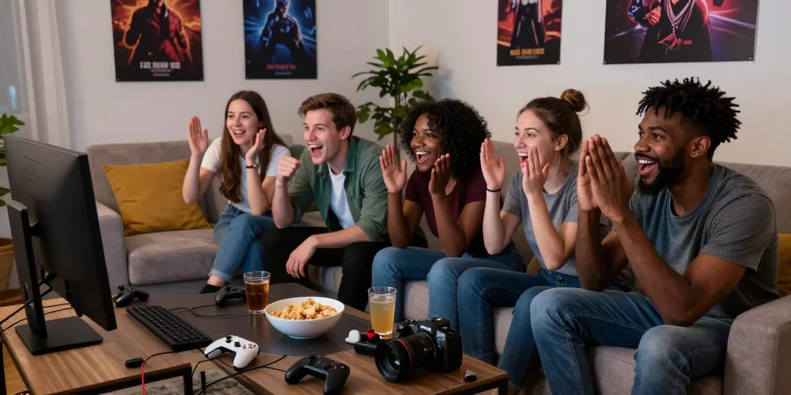 Group enjoying real sex games in a cozy living room, gaming together with laughter and excitement.