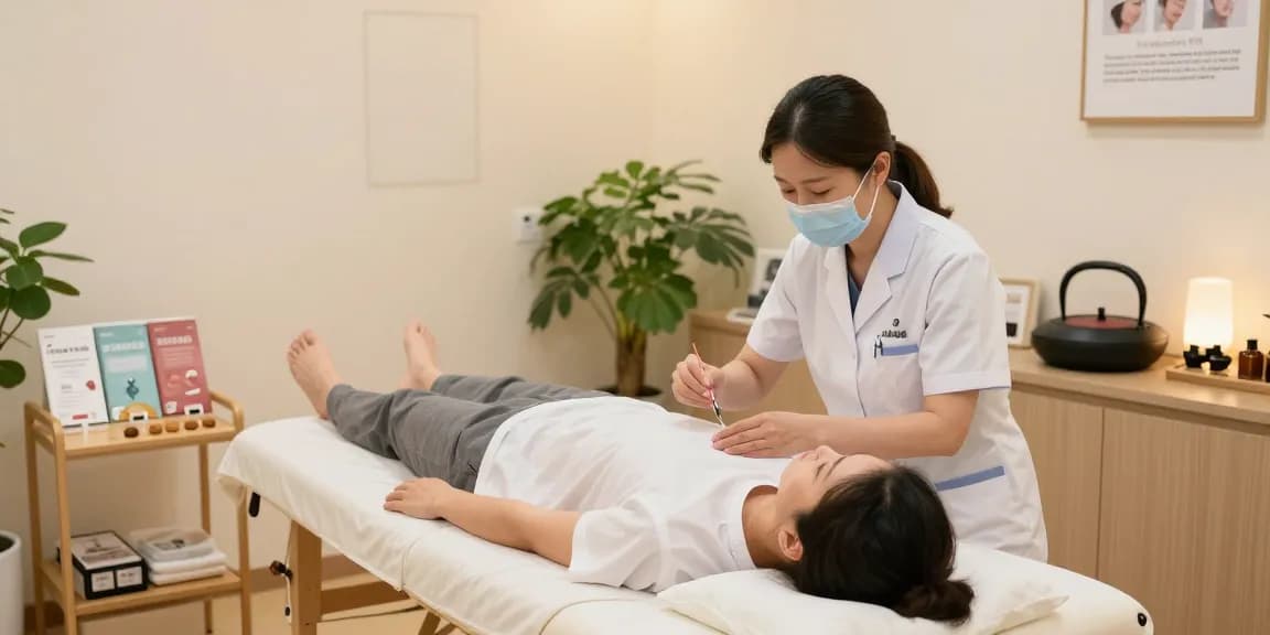 Therapeutic environment at 수원교통사고한의원 showing an acupuncturist preparing for treatment in a calming clinic space.
