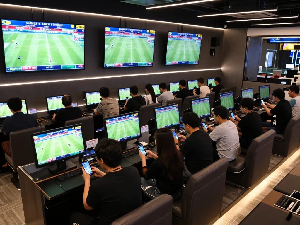 Bongdalu users engage with live football match scores and sports betting in a vibrant lounge setting.