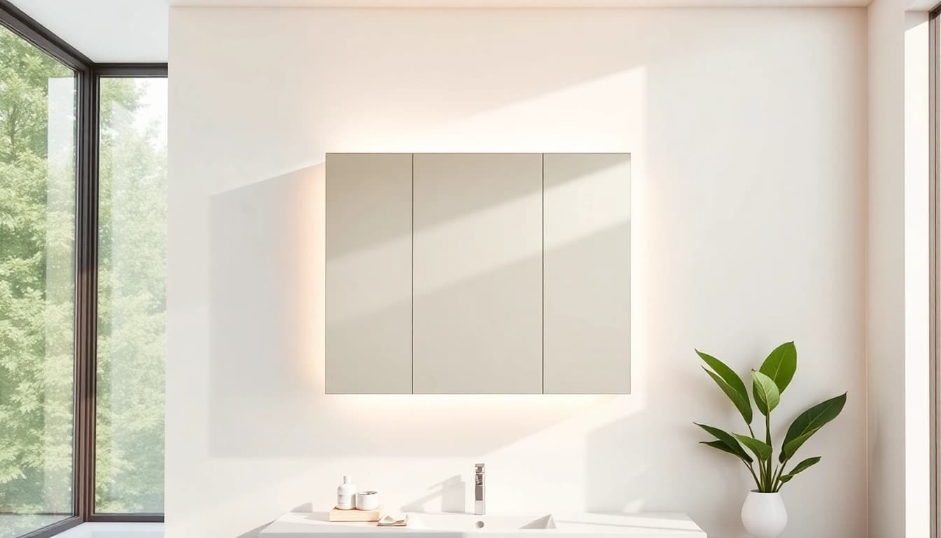 Elegant bathroom cabinet with mirror and light enhances modern bathroom decor.