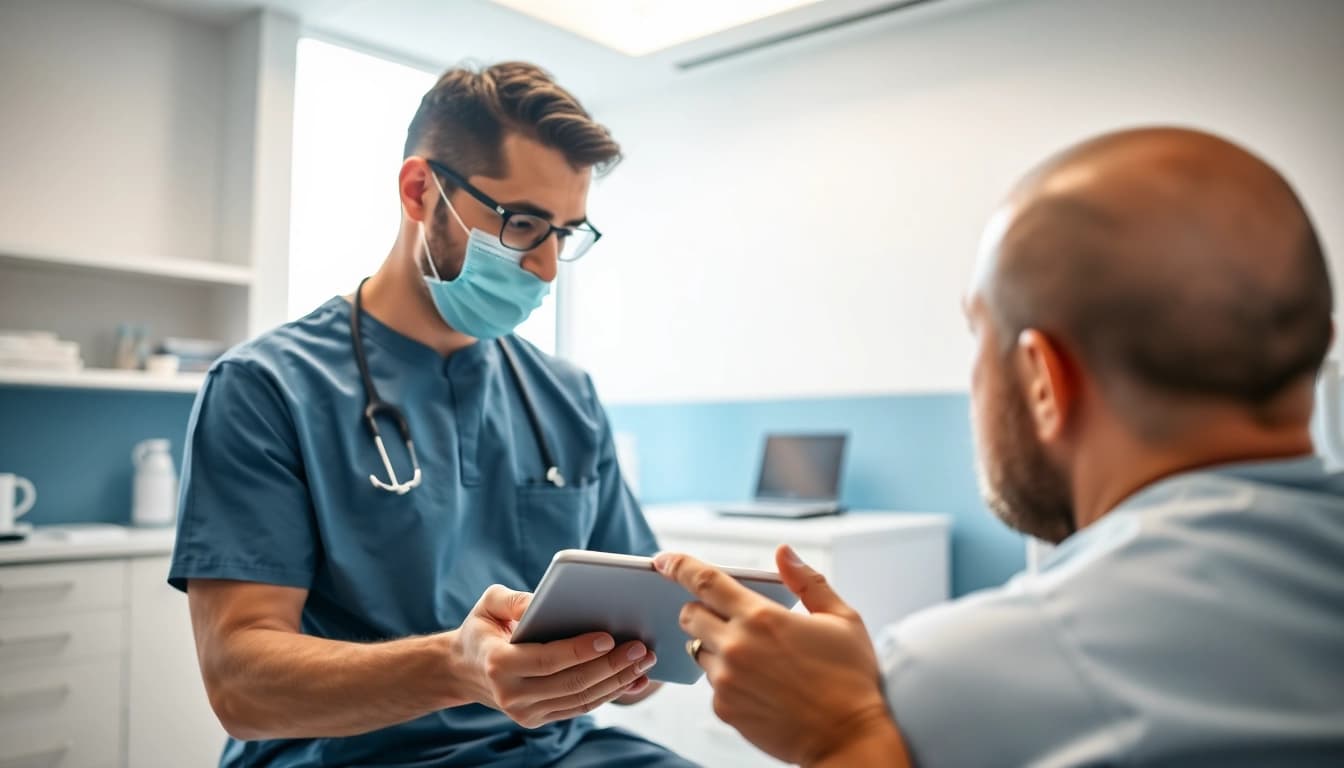 Consultation about hair transplant istanbul in a modern clinic with a professional surgeon.