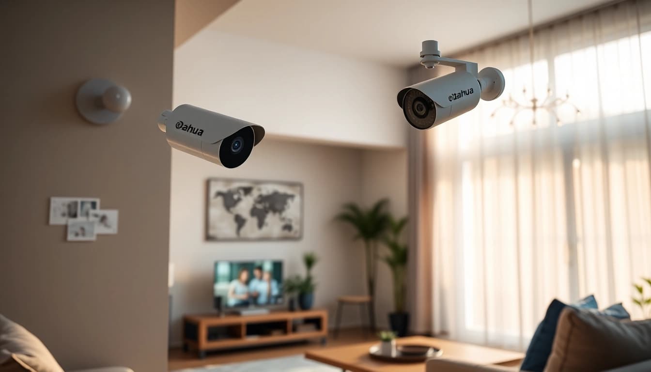 Cámaras Dahua que muestran tecnología avanzada de seguridad para el hogar en una sala de estar moderna.