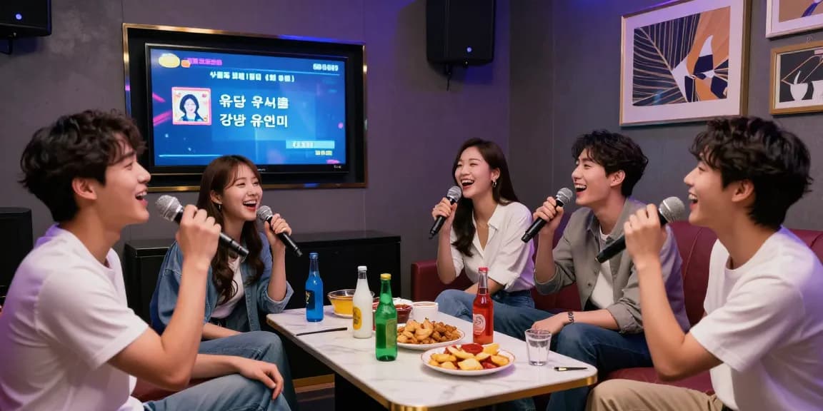 강남 유앤미에서 친구들과 함께 즐거운 시간을 보내는 분위기 좋은 노래방 장면