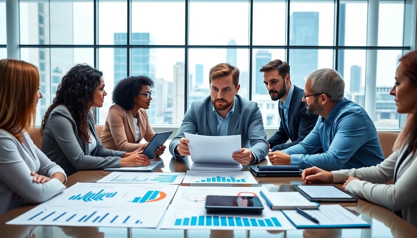Crisis management consultant strategizing with a diverse team in a modern office setting.