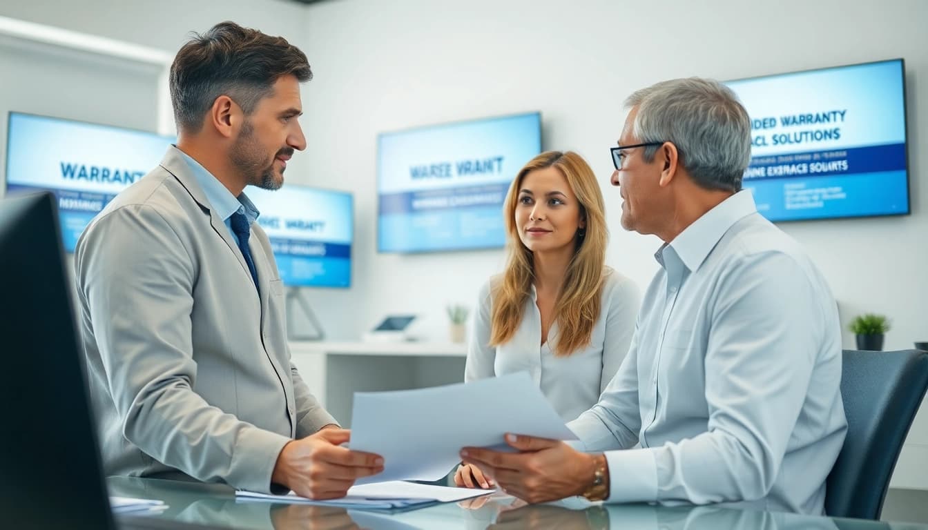 Consultan discussing extended warranty solutions with a client in a professional office.