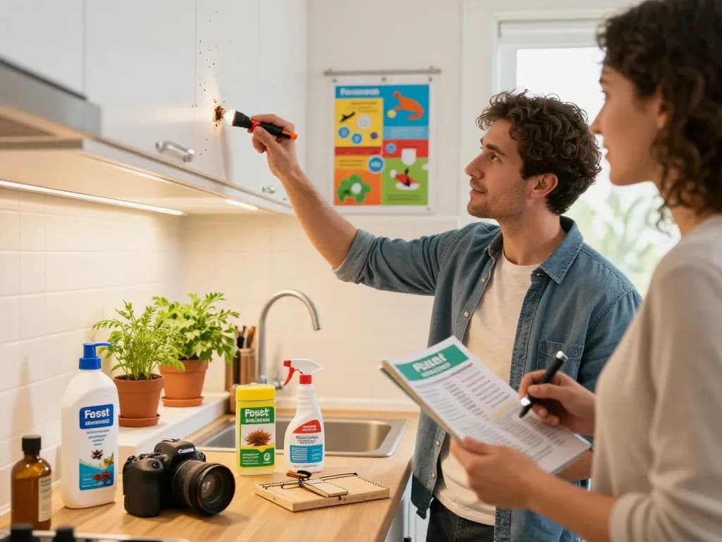 Pest control tips in action as a homeowner inspects cabinets for pests using a flashlight and manual.