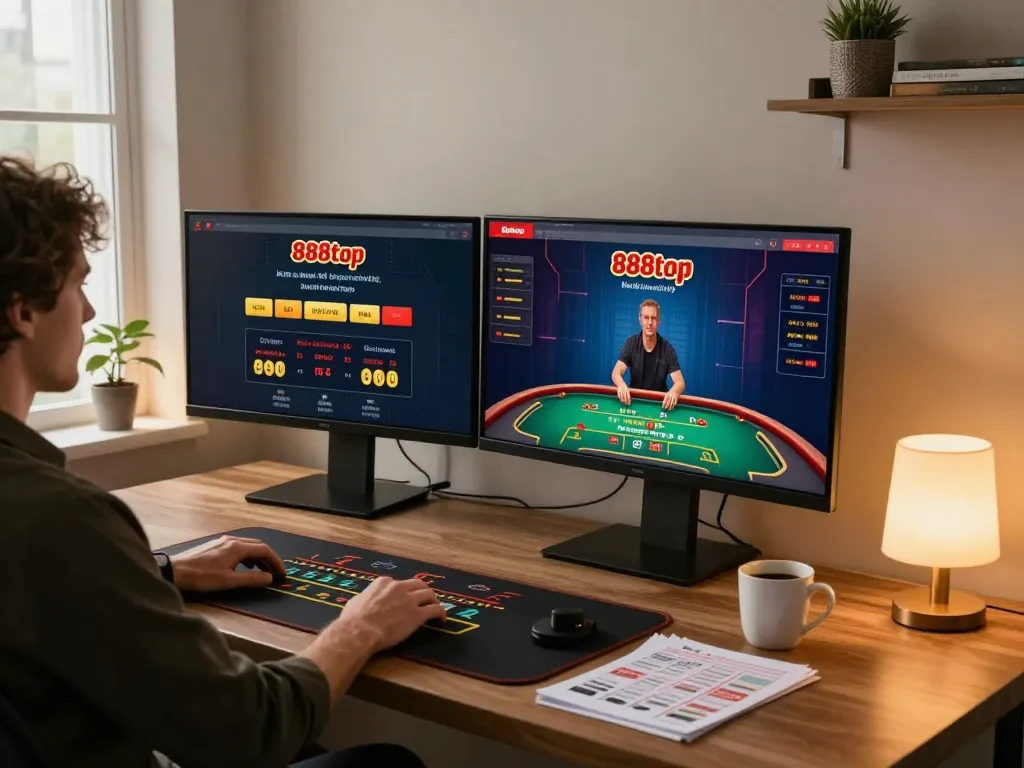 Engaging in live dealer blackjack on the 888top casino app from a modern home workspace.