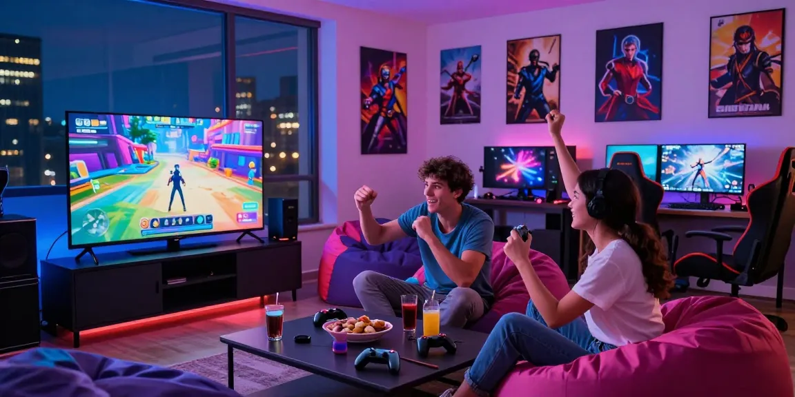 Engaging gaming lounge with couple playing porngames, LED lights, and city view.