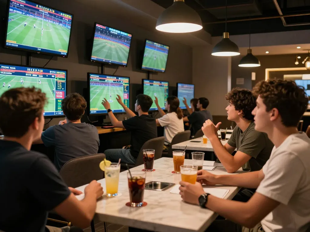 Betting excitement at cm88viet with friends placing live sports bets in a modern lounge
