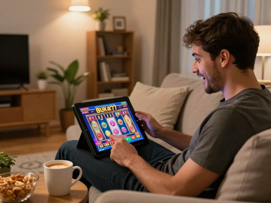 Player enjoying BUKA77 online slot game on tablet in cozy home setting with warm ambiance.